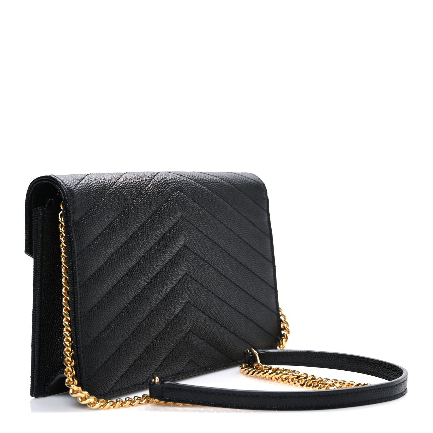 Saint Laurent Grain De Poudre Matelasse Chevron Monogram Envelope Chain Wallet Black 3 of 11