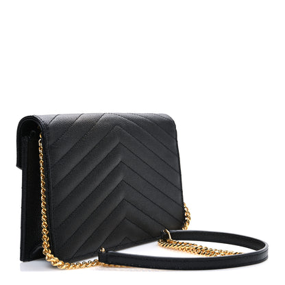 Saint Laurent Grain De Poudre Matelasse Chevron Monogram Envelope Chain Wallet Black 3 of 11