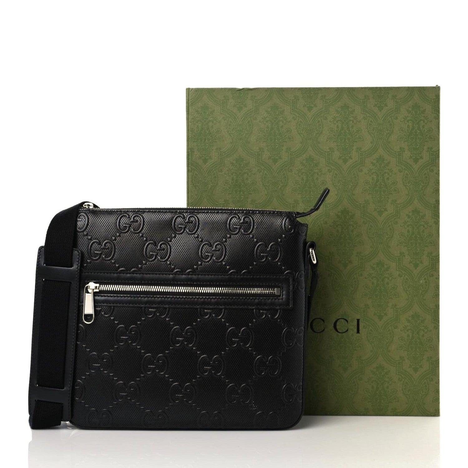 Gucci Calfskin GG Tennis Embossed Small Flat Messenger Bag Black 9 of 9