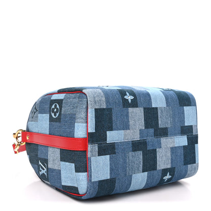 Louis Vuitton Denim Damier Monogram Patchwork Speedy Bandouliere 30 Blue Rouge 4 of 9