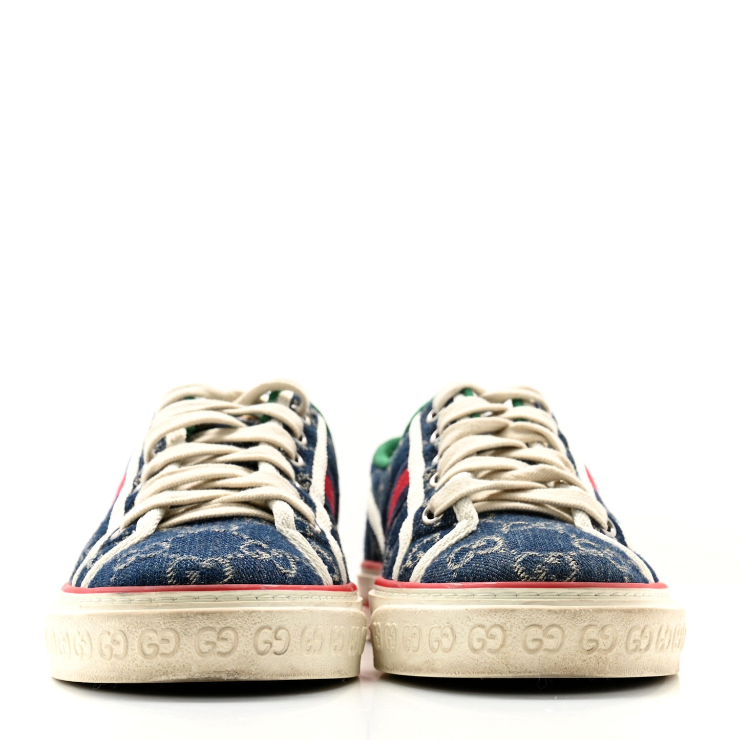 New Denim GG Monogram Web Womens 1977 Tennis Sneakers 37.5 Blue Tea Mystic White