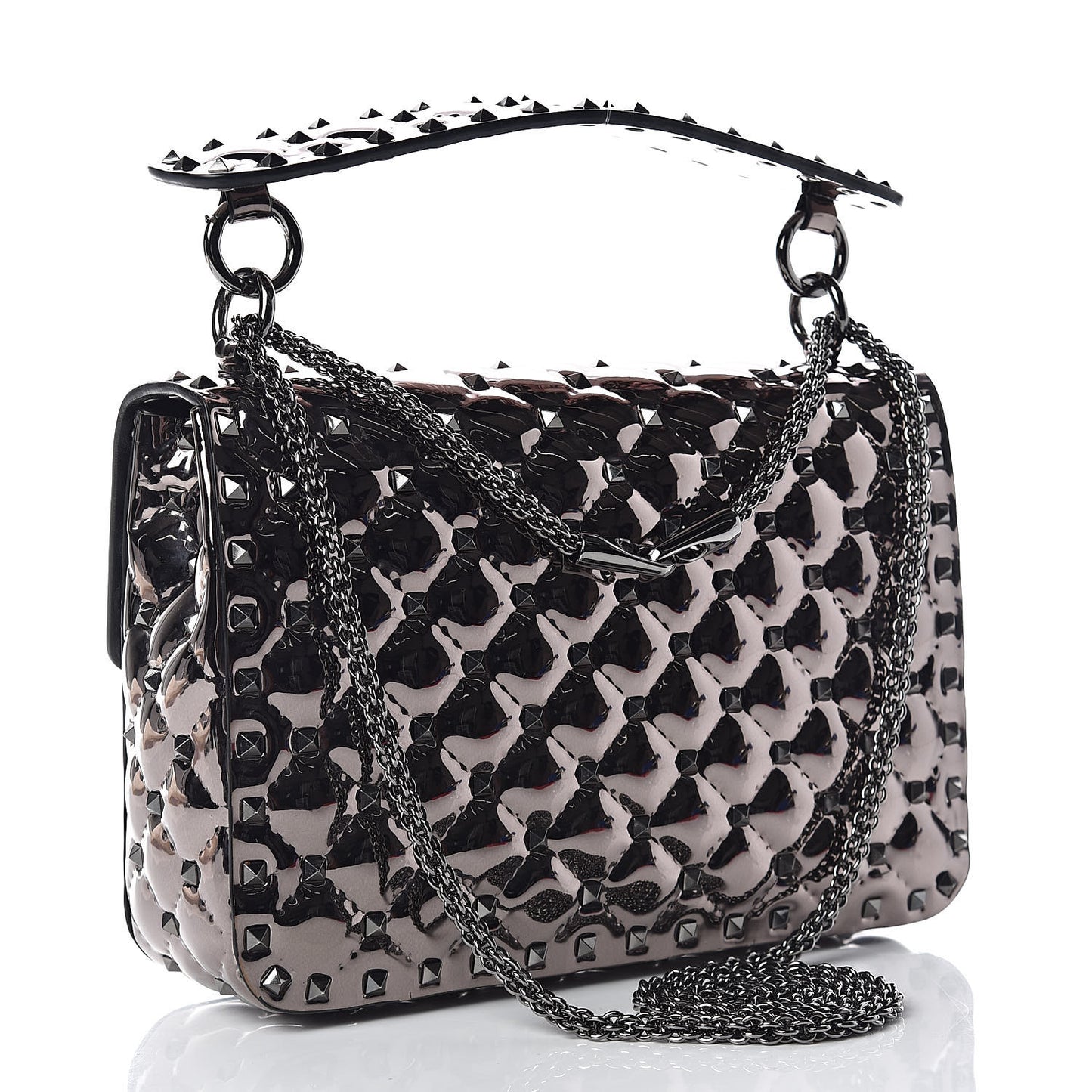 Metallic Patent Medium Rockstud Spike Shoulder Bag Rutenio