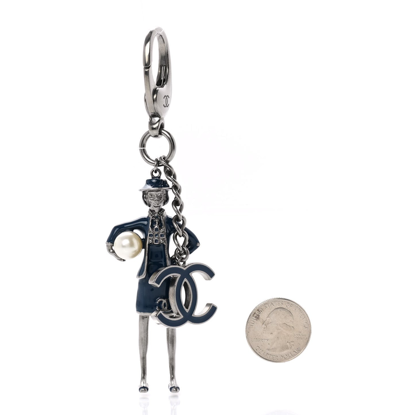 Enamel Pearl Coco Chanel Bag Charm Navy Silver
