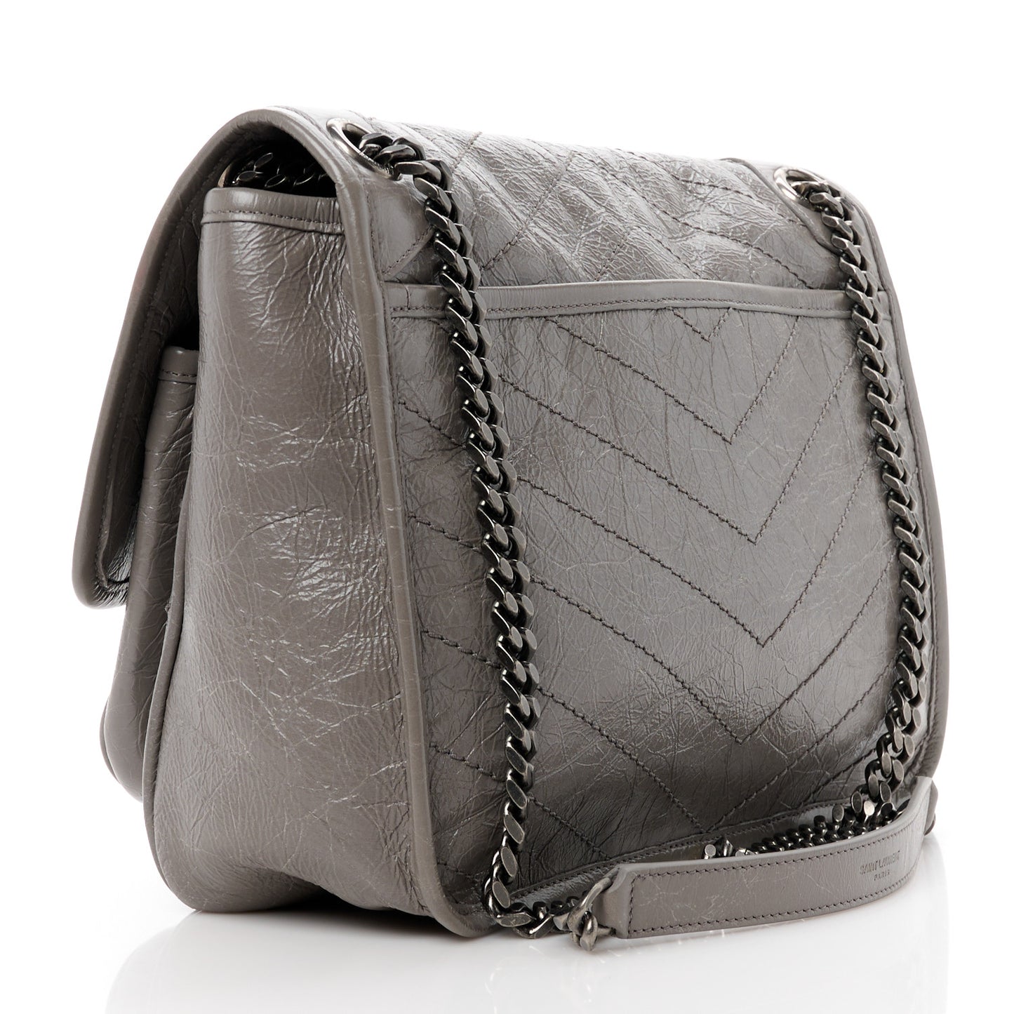 SAINT LAURENT Crinkled Calfskin Matelasse Monogram Medium Niki Chain Satchel Fog