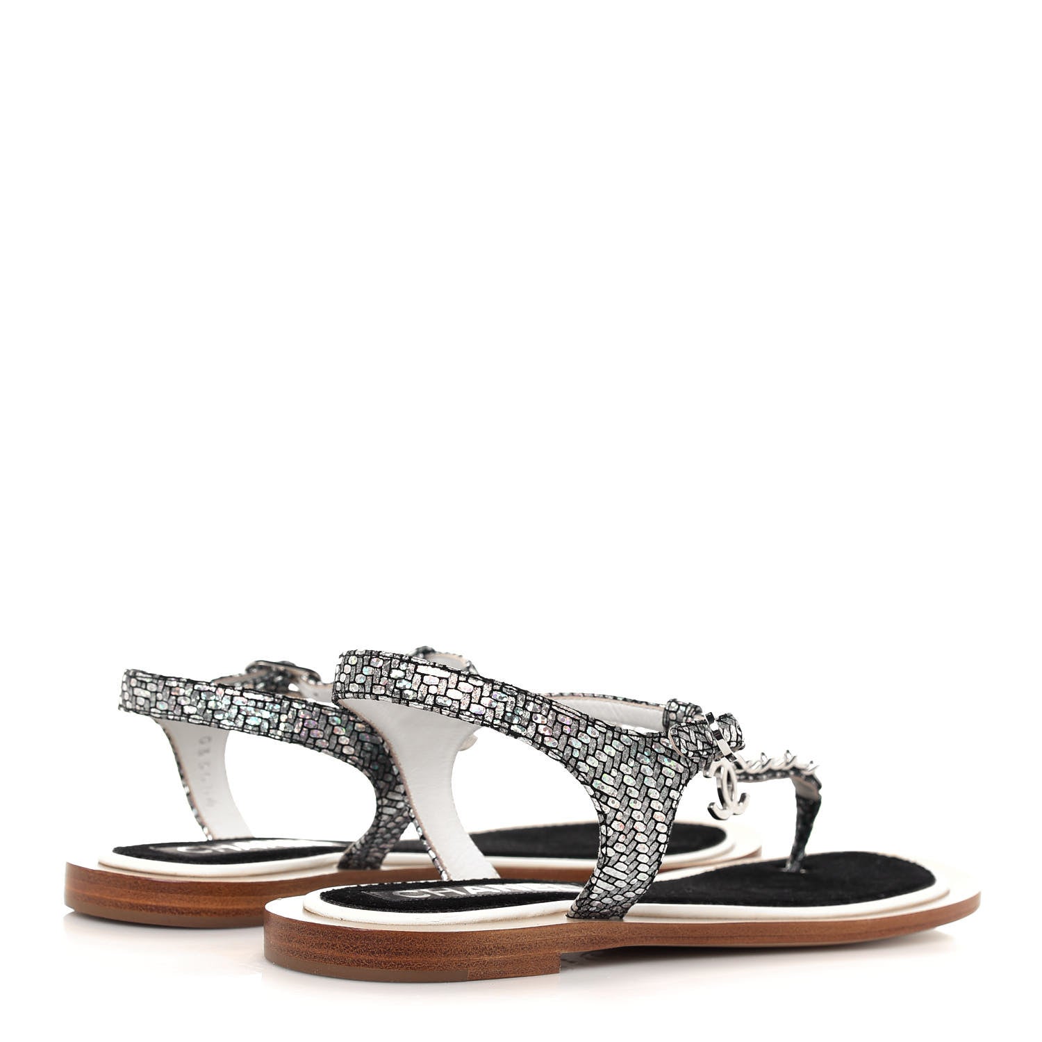 Chanel Goatskin Velvet Fantasy CC Chain Thong Sandals 38.5 Silver Ivory 4 of 9