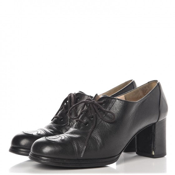 Calfskin CC Cap Toe Lace Up Oxfords 37 Black