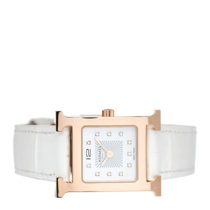 Hermes Stainless Steel Alligator Diamond Mother of Pearl 21mm Heure H Hour Quartz Watch Blanc 2 of 5