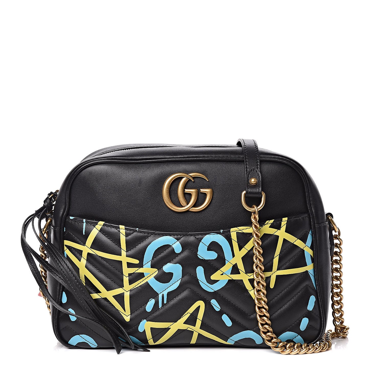 Calfskin Matelasse GucciGhost Medium GG Marmont Chain Shoulder Bag Black New Acquamarine