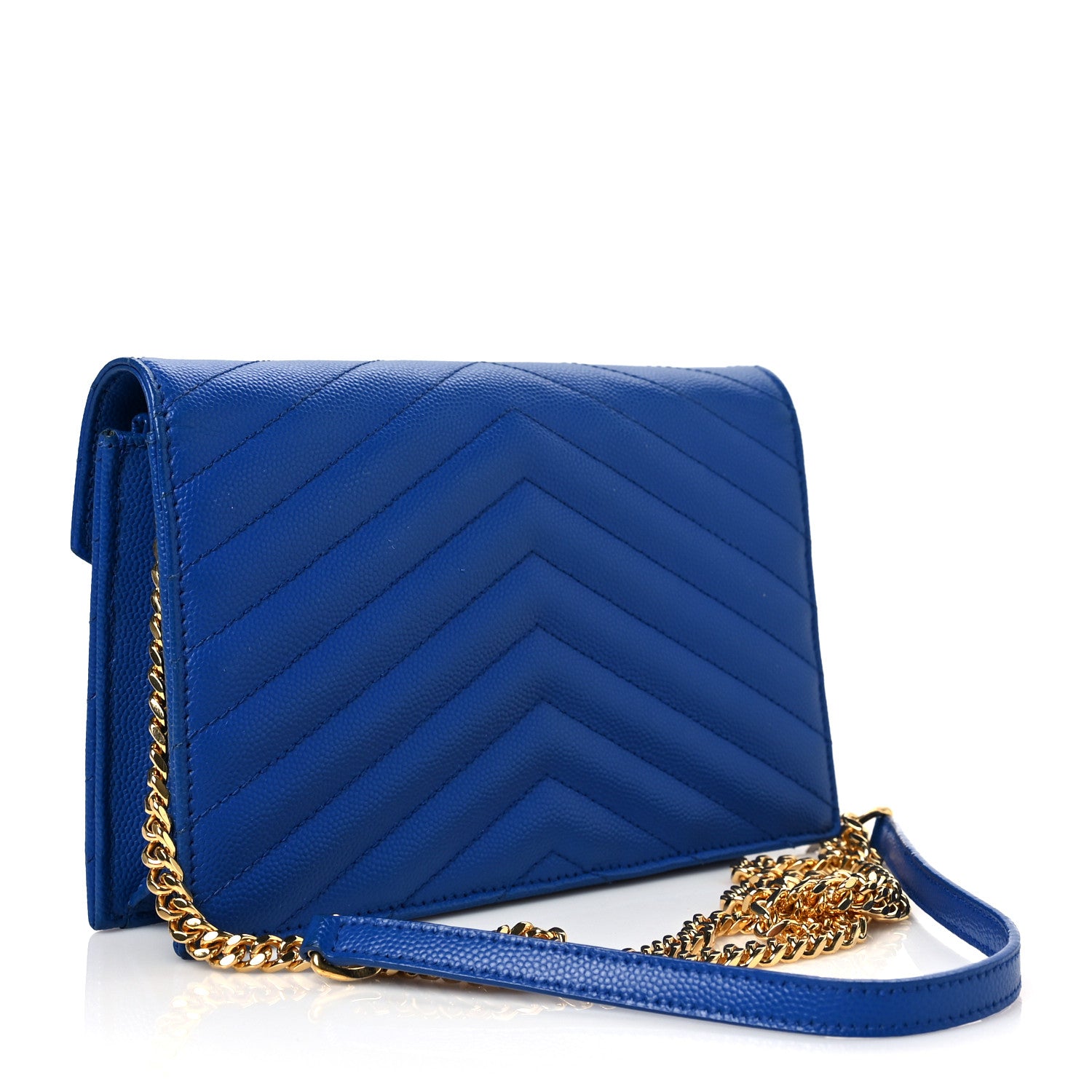 Saint Laurent Grain De Poudre Matelasse Chevron Monogram Envelope Chain Wallet Blue Majorelle 3 of 7