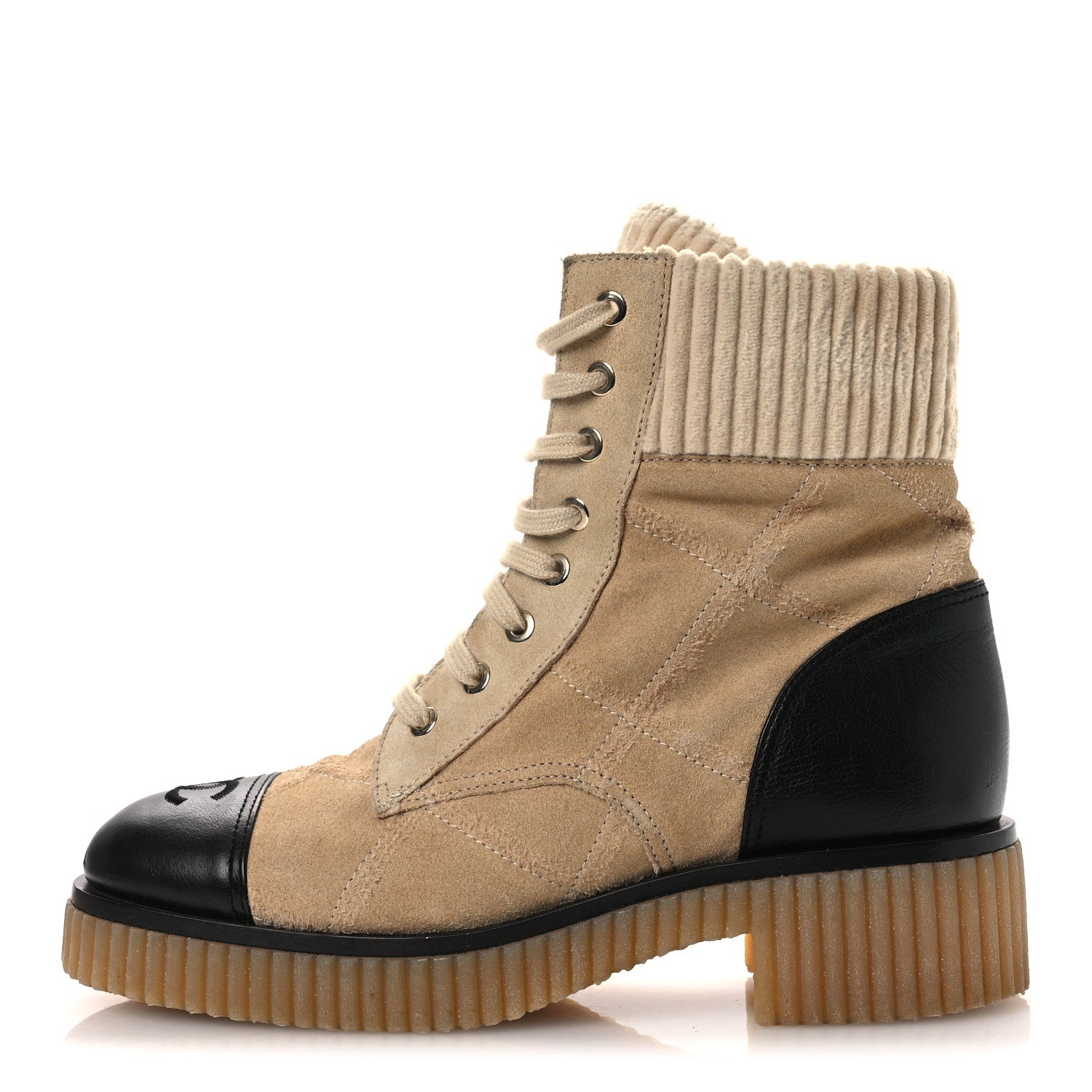 Chanel Suede Calfskin Velvet Quilted CC Combat Boots 37.5 Beige Black 1 of 14