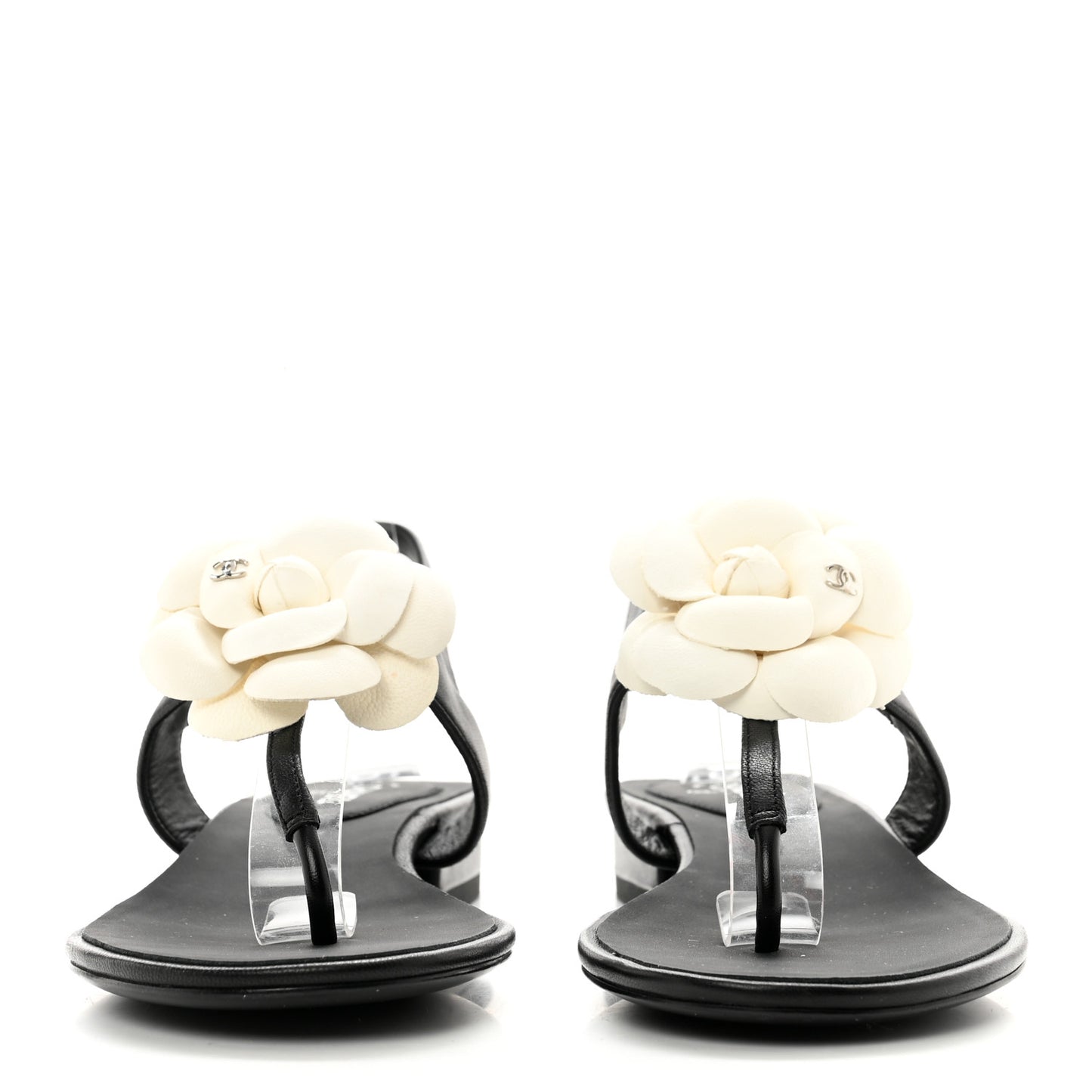 Lambskin Camellia Thong Sandals 36 Black White