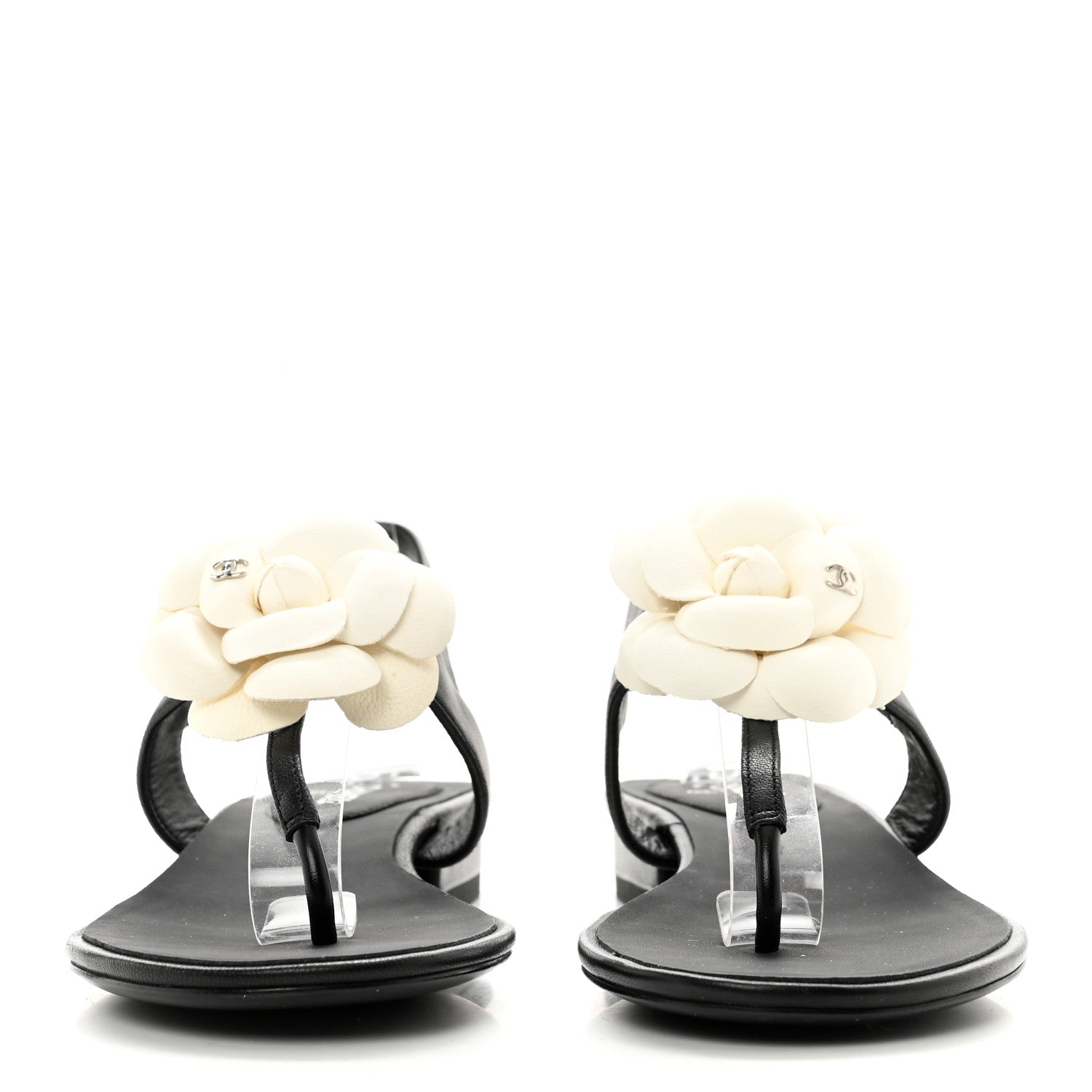 Chanel Lambskin Camellia Thong Sandals 36 Black White 2 of 8