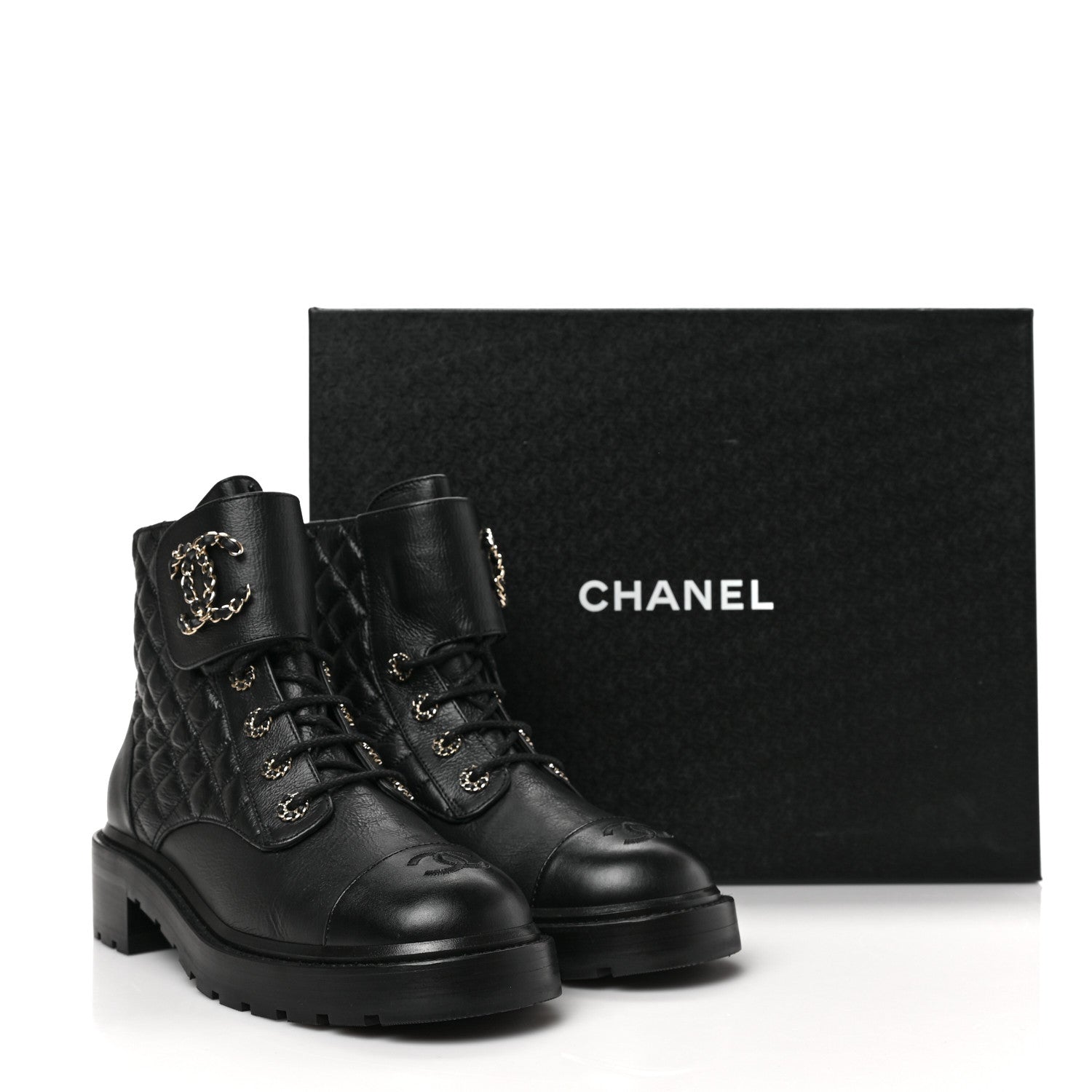 Chanel Shiny Goatskin Calfskin Quilted Lace Up Combat Boots 40 Black 7 of 7