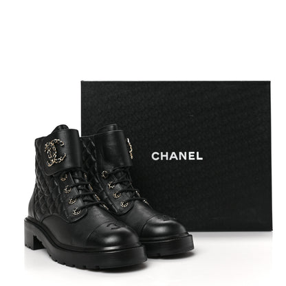 Chanel Shiny Goatskin Calfskin Quilted Lace Up Combat Boots 40 Black 7 of 7