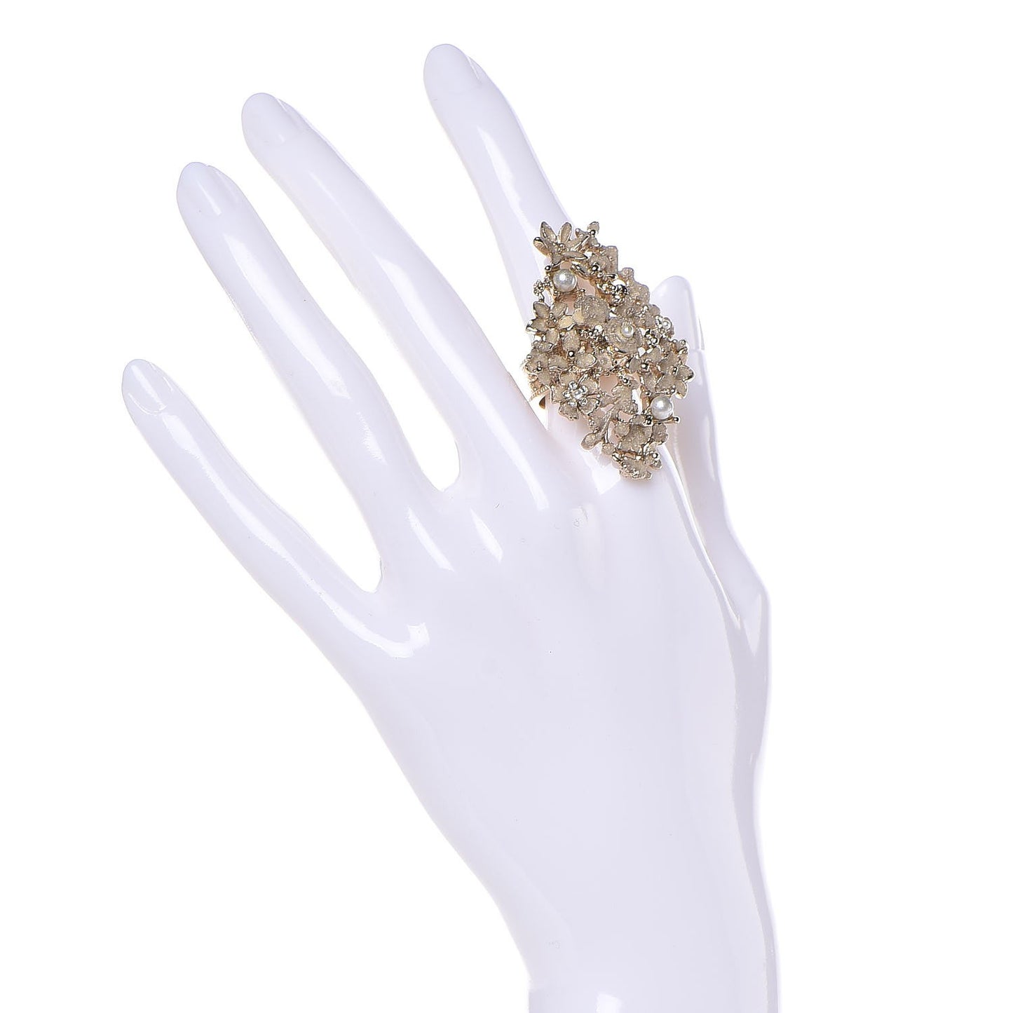 Textured Enamel Pearl Crystal Flower Cluster Ring 6 Gold