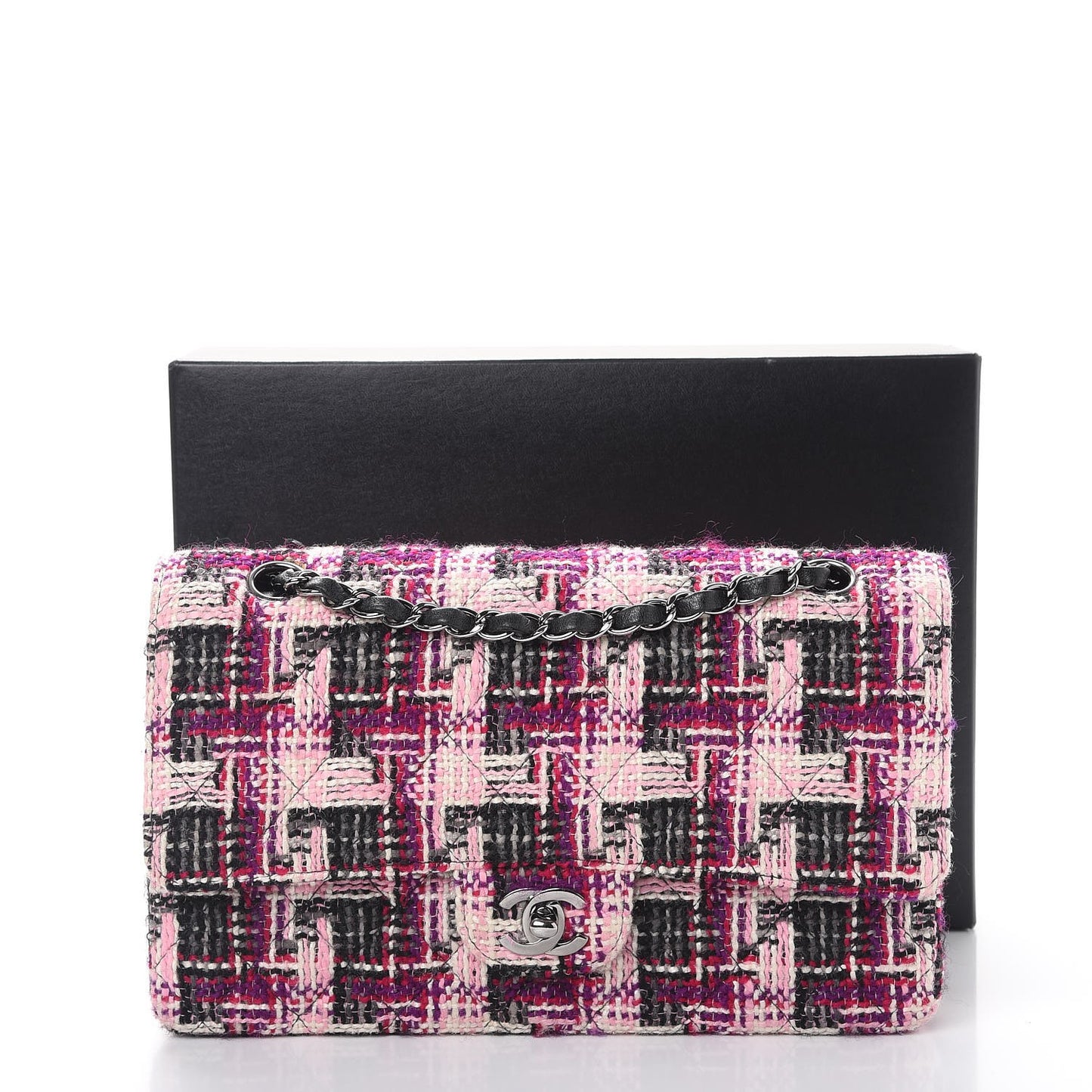 Tweed Quilted Medium Double Flap Pink Black