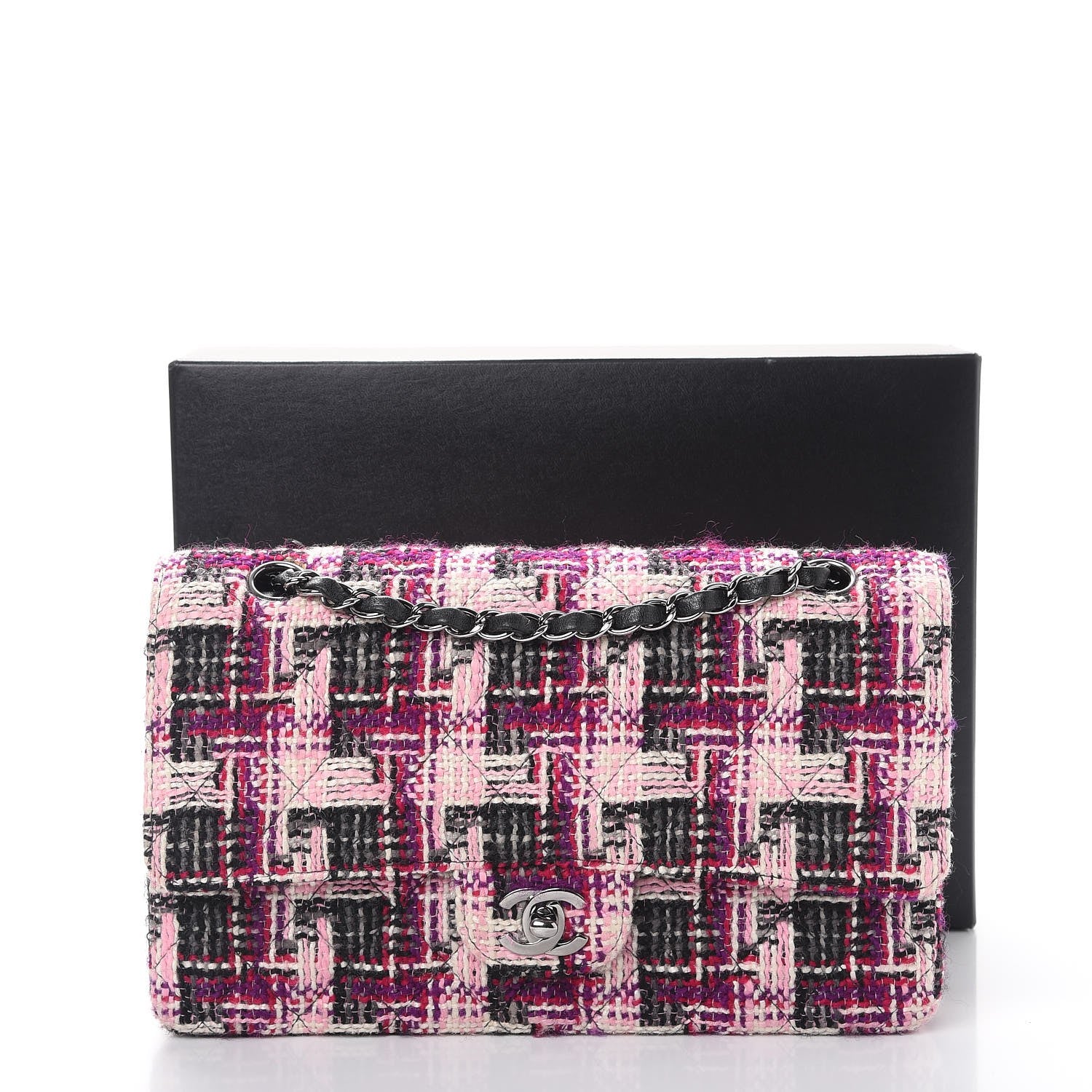 Chanel Tweed Quilted Medium Double Flap Pink Black 12 of 12