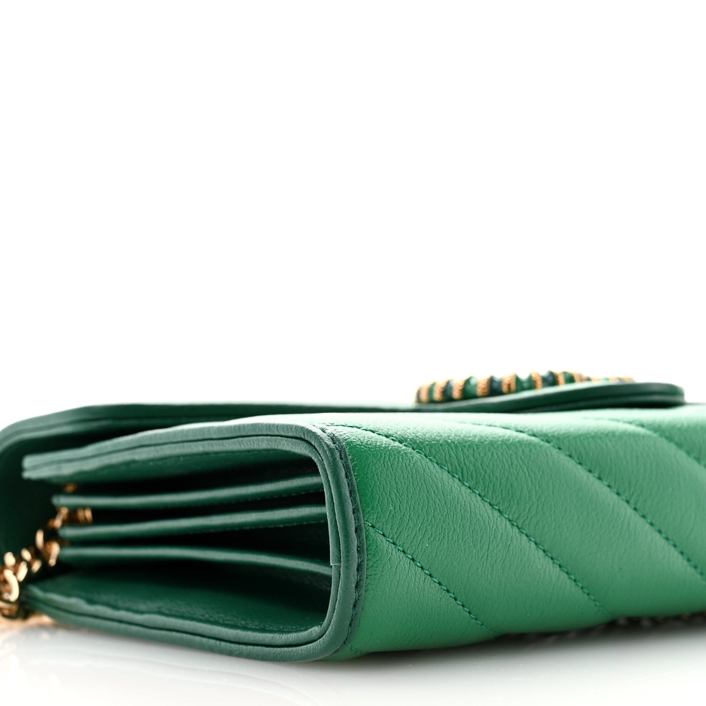 Azalea Calfskin Enamel Matelasse Diagonal Torchon GG Marmont Chain Wallet New Shamrock Emerald