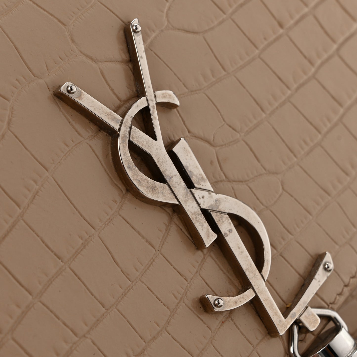 Calfskin Crocodile Embossed Small Classic Monogram Kate Tassel Satchel Beige
