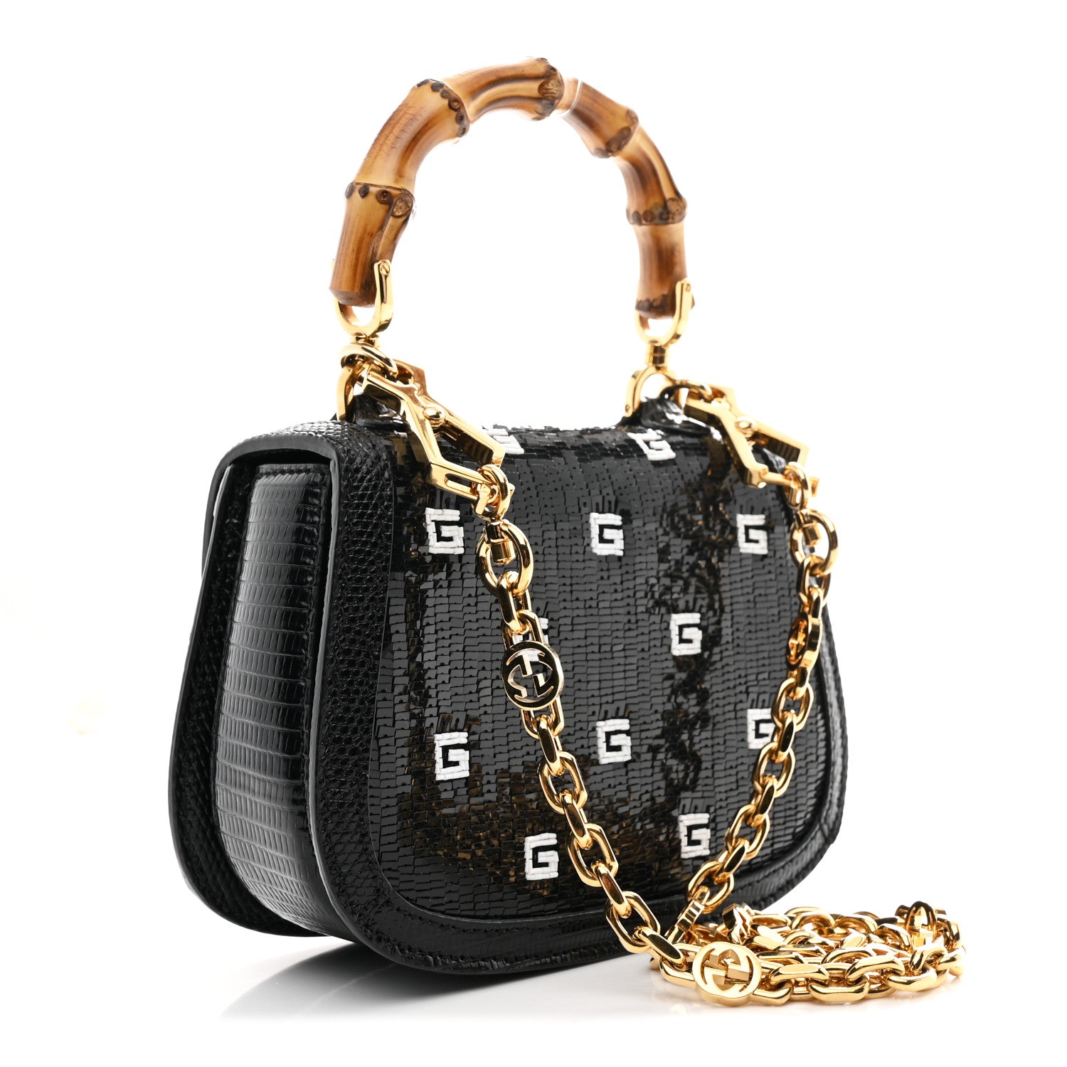 GUCCI バッグ Gucci Sequin Lizard Embossed GG Mini Bamboo 1947 Top Handle Chain