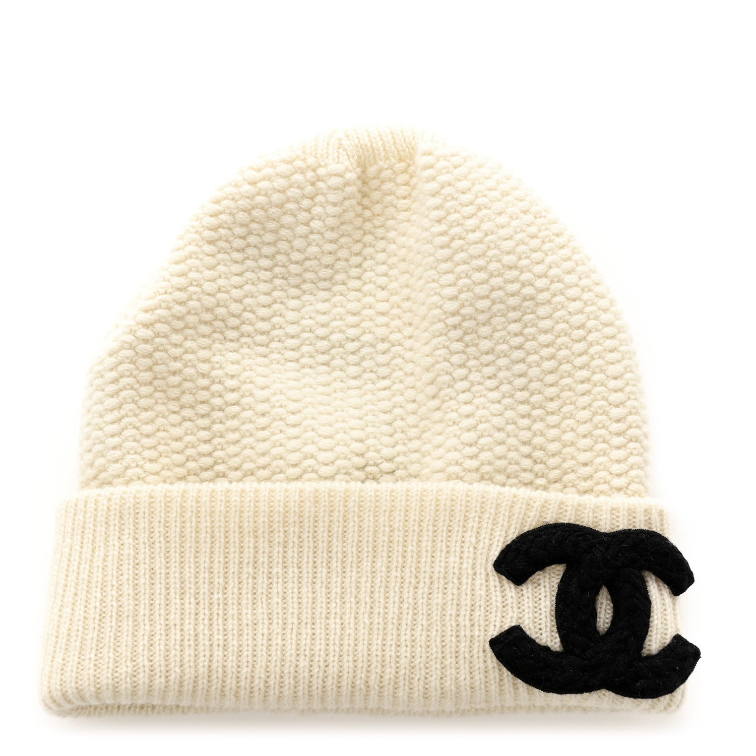 Chanel Wool Cashmere CC Beanie Hat Ivory Black 1 of 6