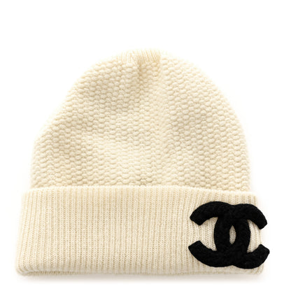 Chanel Wool Cashmere CC Beanie Hat Ivory Black 1 of 6