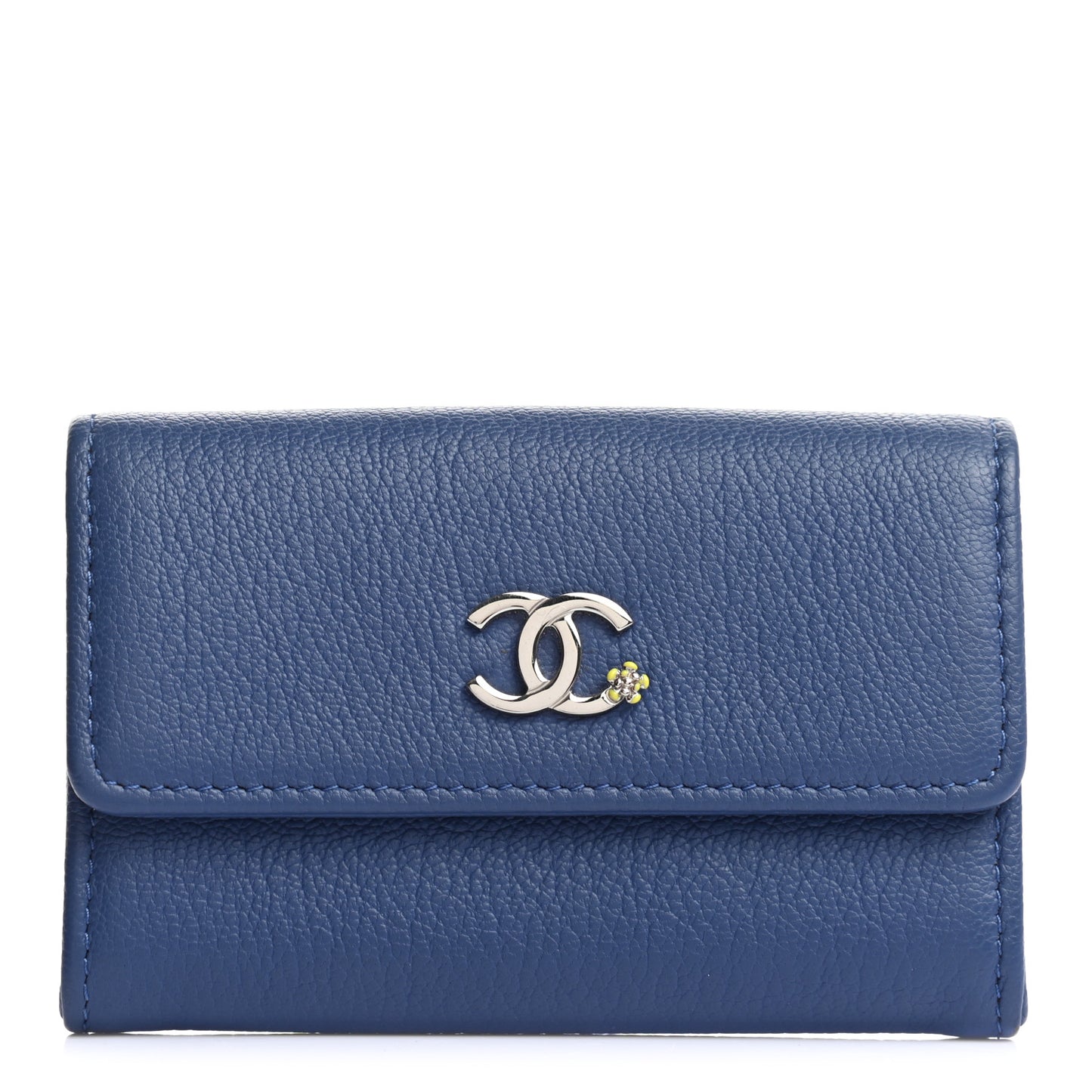 Goatskin Camellia CC Flap Card Holder Blue