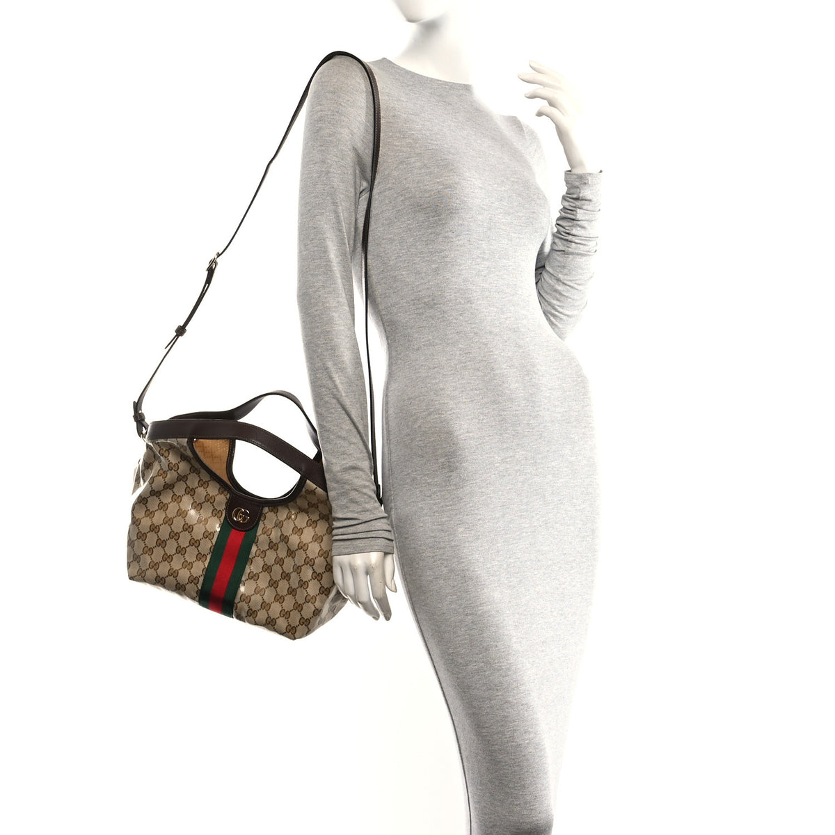 Gucci Varnished Monogram Web Small Giglio Tote Sand Dark Brown 2 of 11