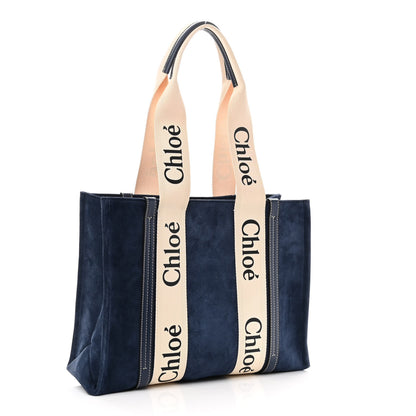 Chloe Suede Calfskin Medium Woody Ribbon Tote Navy 3 of 9