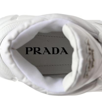 Prada Re-Nylon Gabardine Rubber Triangle Logo Quilted Womens Rush Piuma 50mm Mid Sneakers 40.5 White 6 of 8