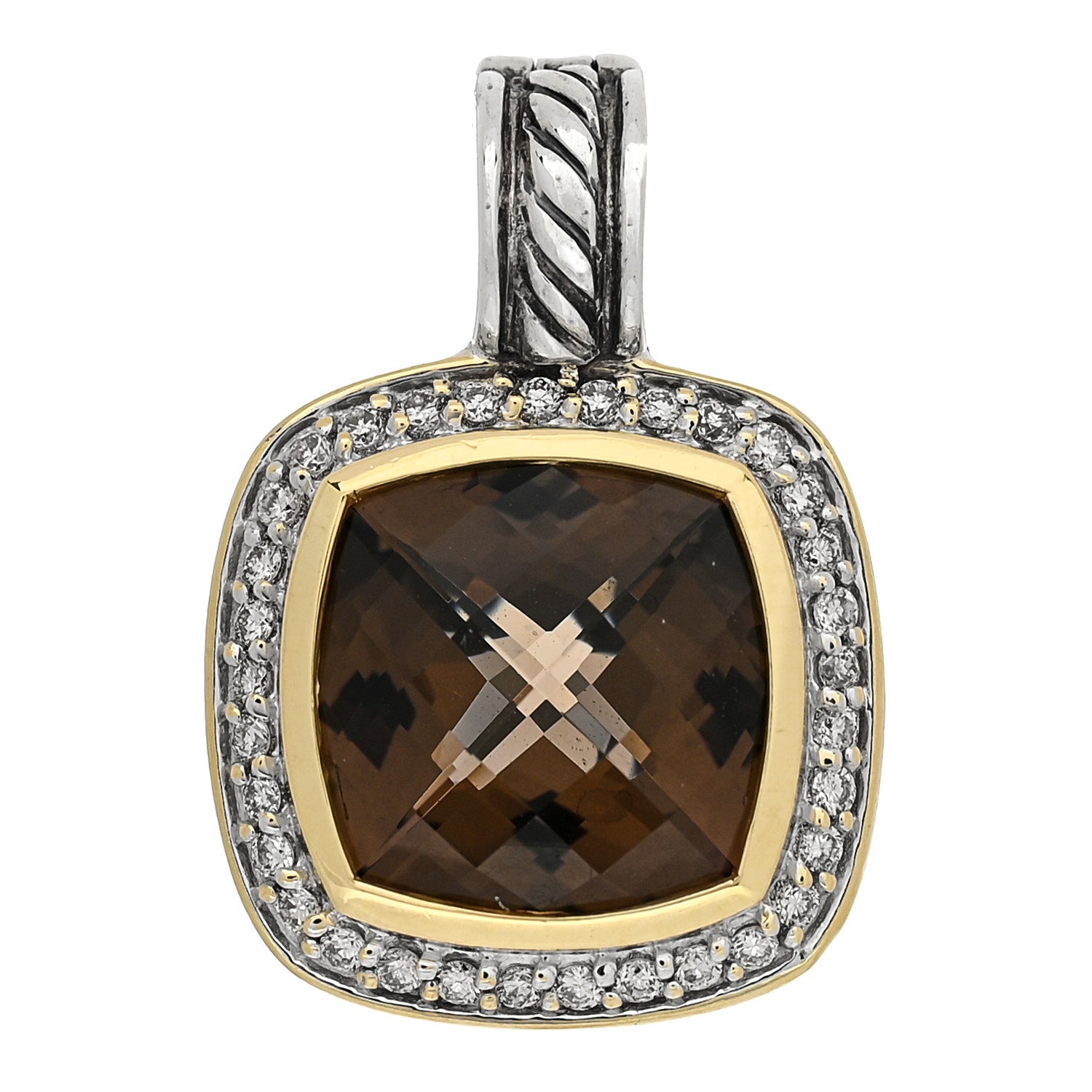 David Yurman Sterling Silver 18K Yellow Gold Diamond Smoky Quartz 11mm Albion Enhancer Pendant 1 of 3