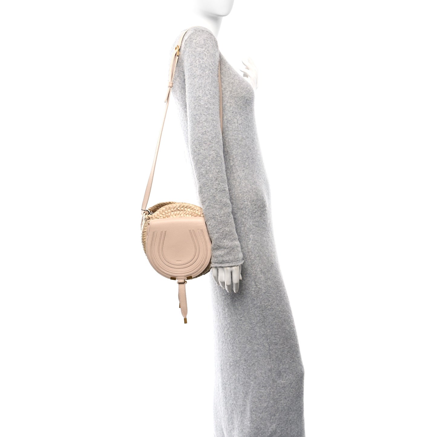 Raffia Small Grain Calfskin Small Marcie Basket Crossbody Blush Nude