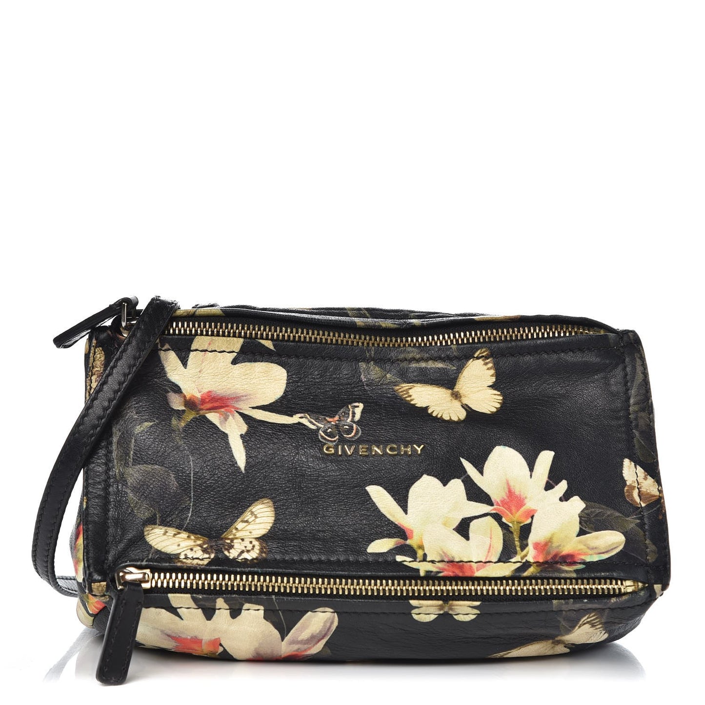 Lambskin Magnolia and Moth Print Mini Pandora Black