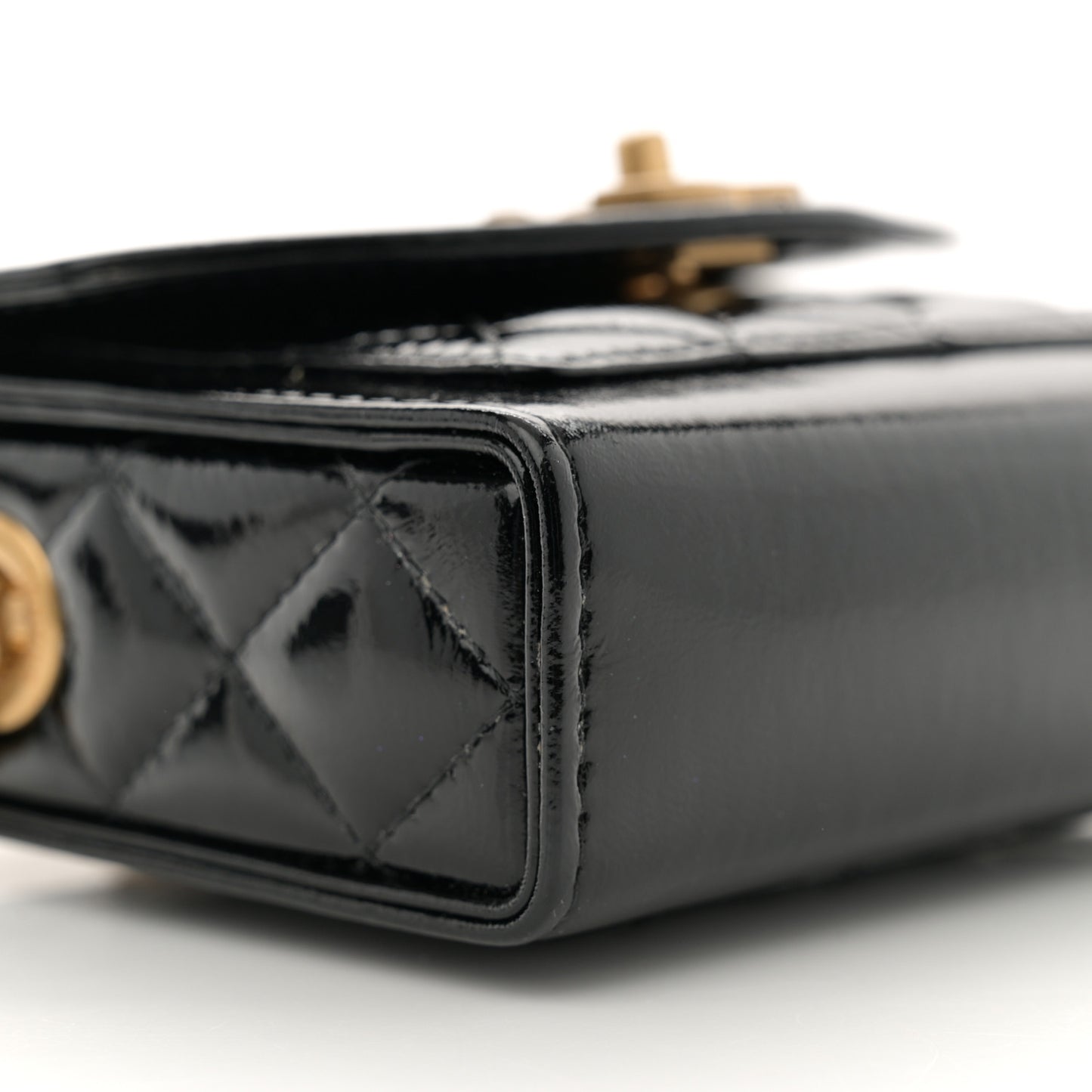 Shiny Lambskin Quilted Top Handle Card Holder On Chain Black