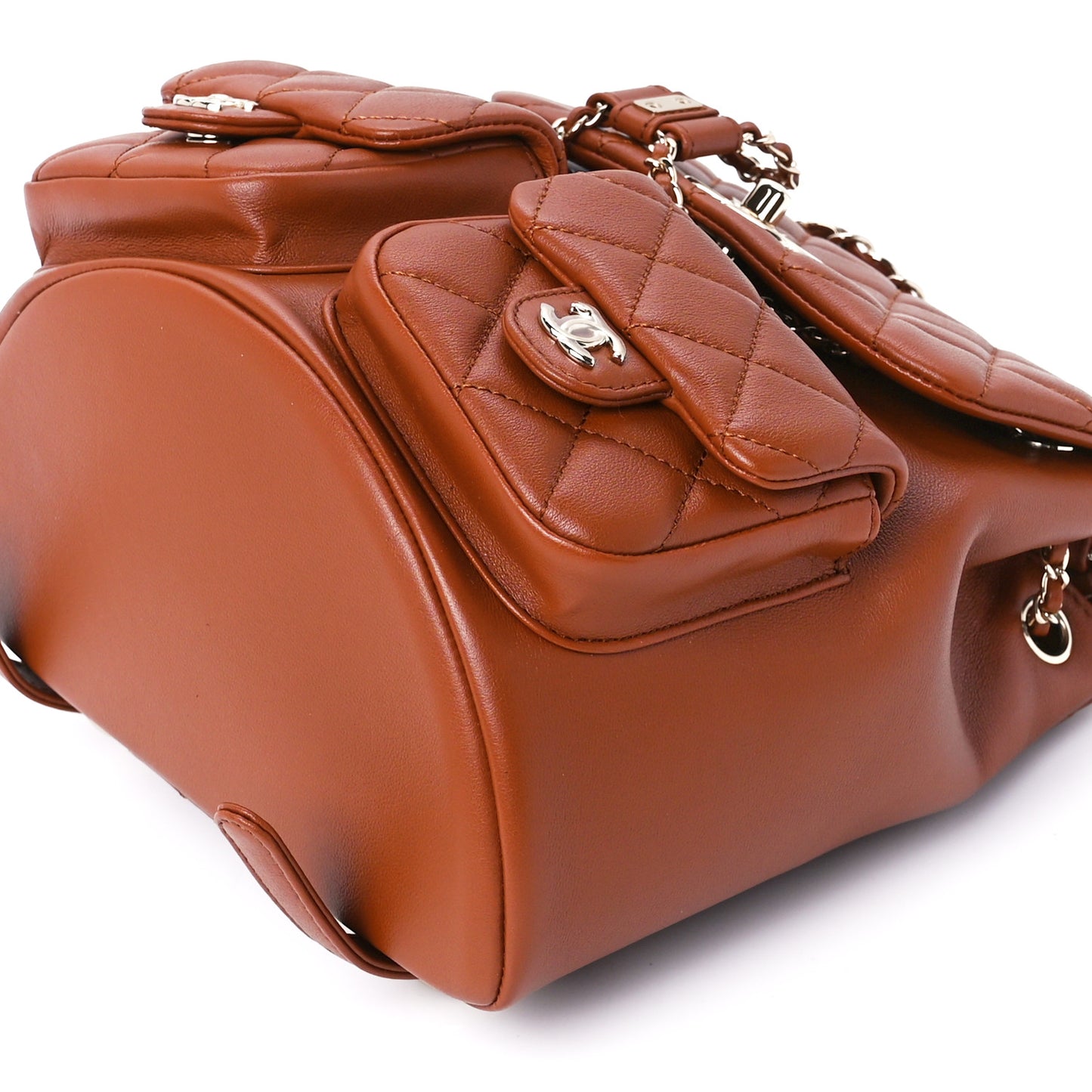 Shiny Calfskin Quilted Medium Duma Pockets Drawstring Backpack Brown