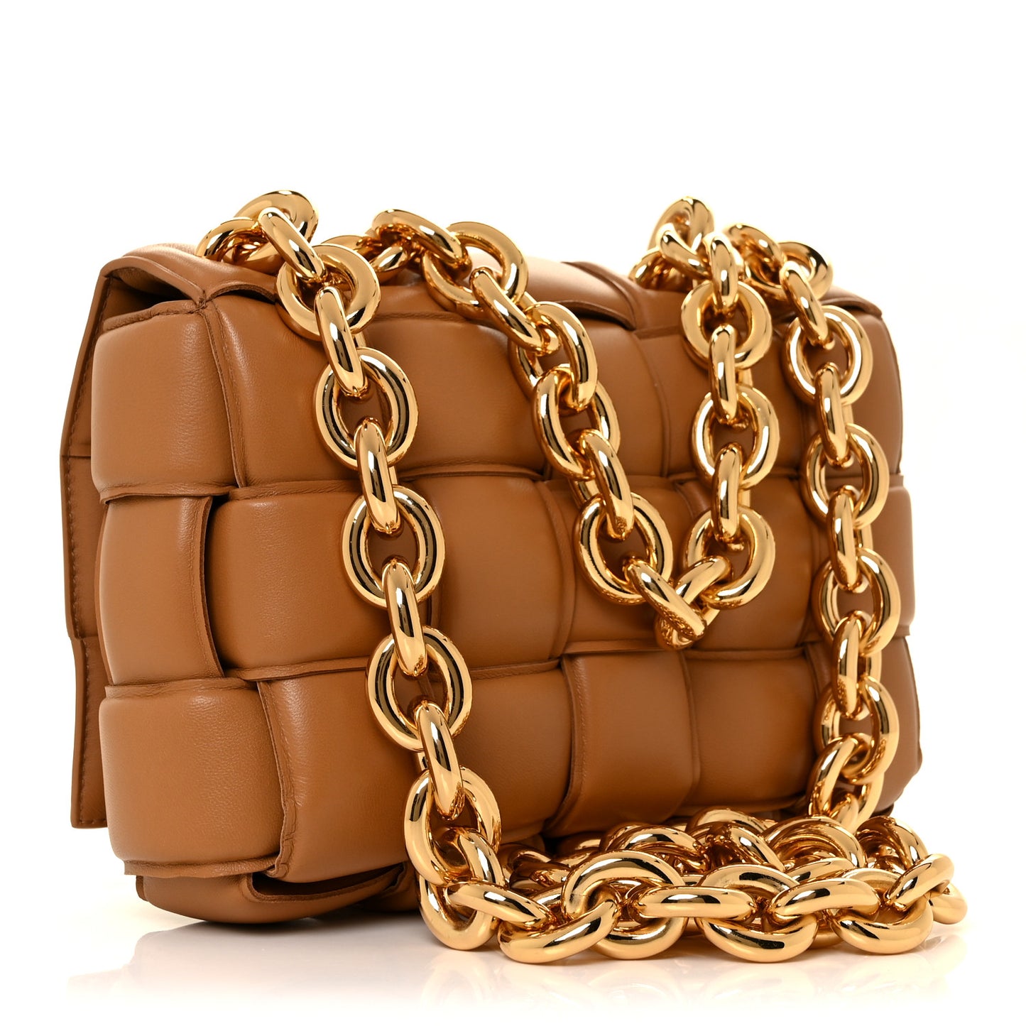 Lambskin Maxi Intreccio Padded Chain Cassette Crossbody Bag Caramel