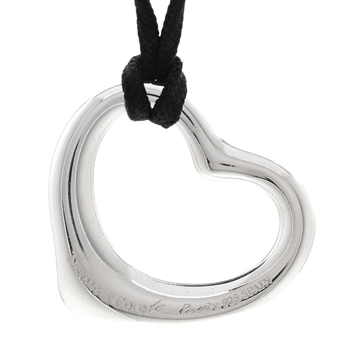 Sterling Silver Diamond Elsa Peretti Open Heart Pendant Cord Necklace