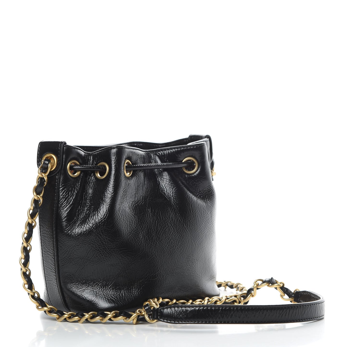 Shiny Aged Calfskin CC Chain Mini Drawstring Bag Black