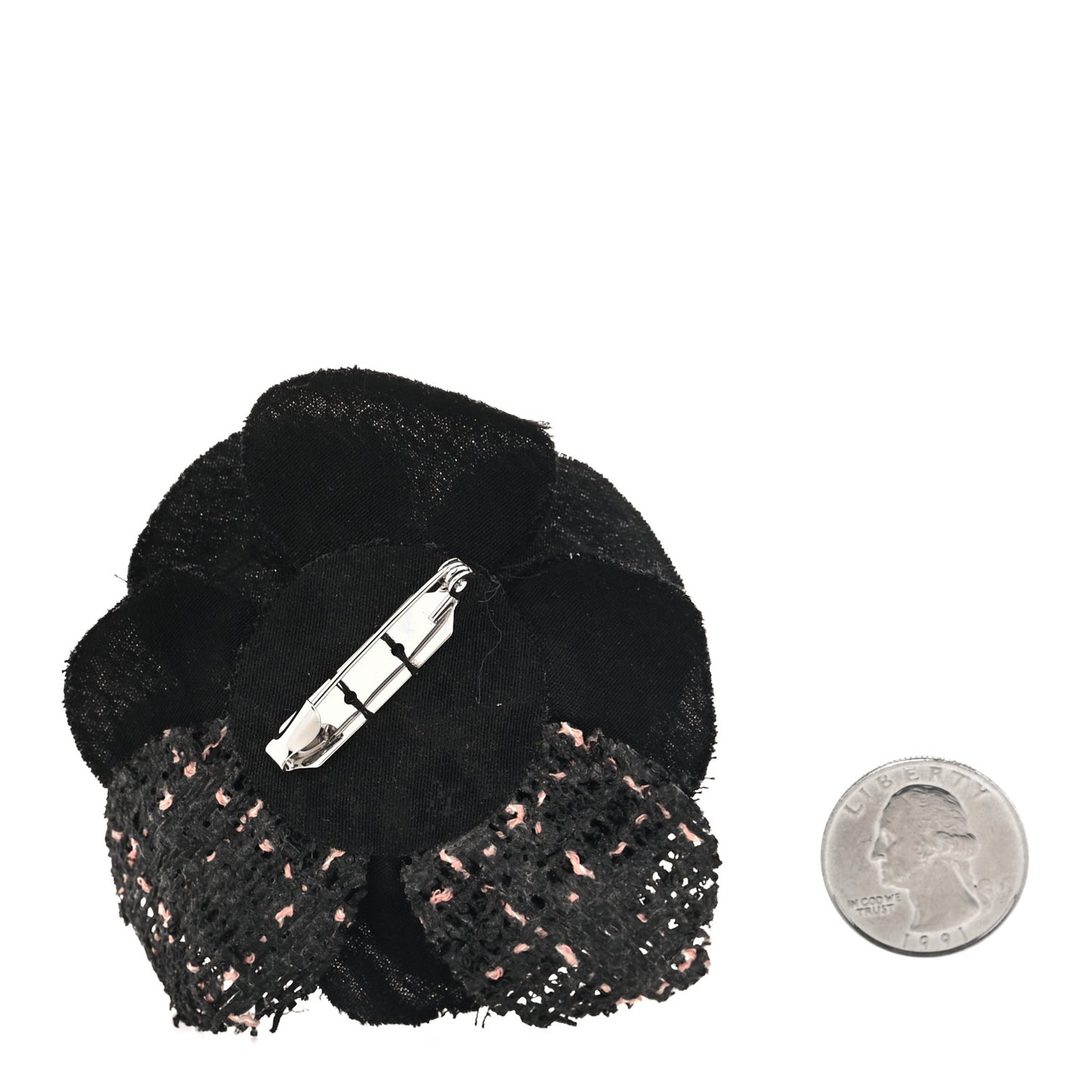 Tweed Camellia Pin Brooch Black Pink
