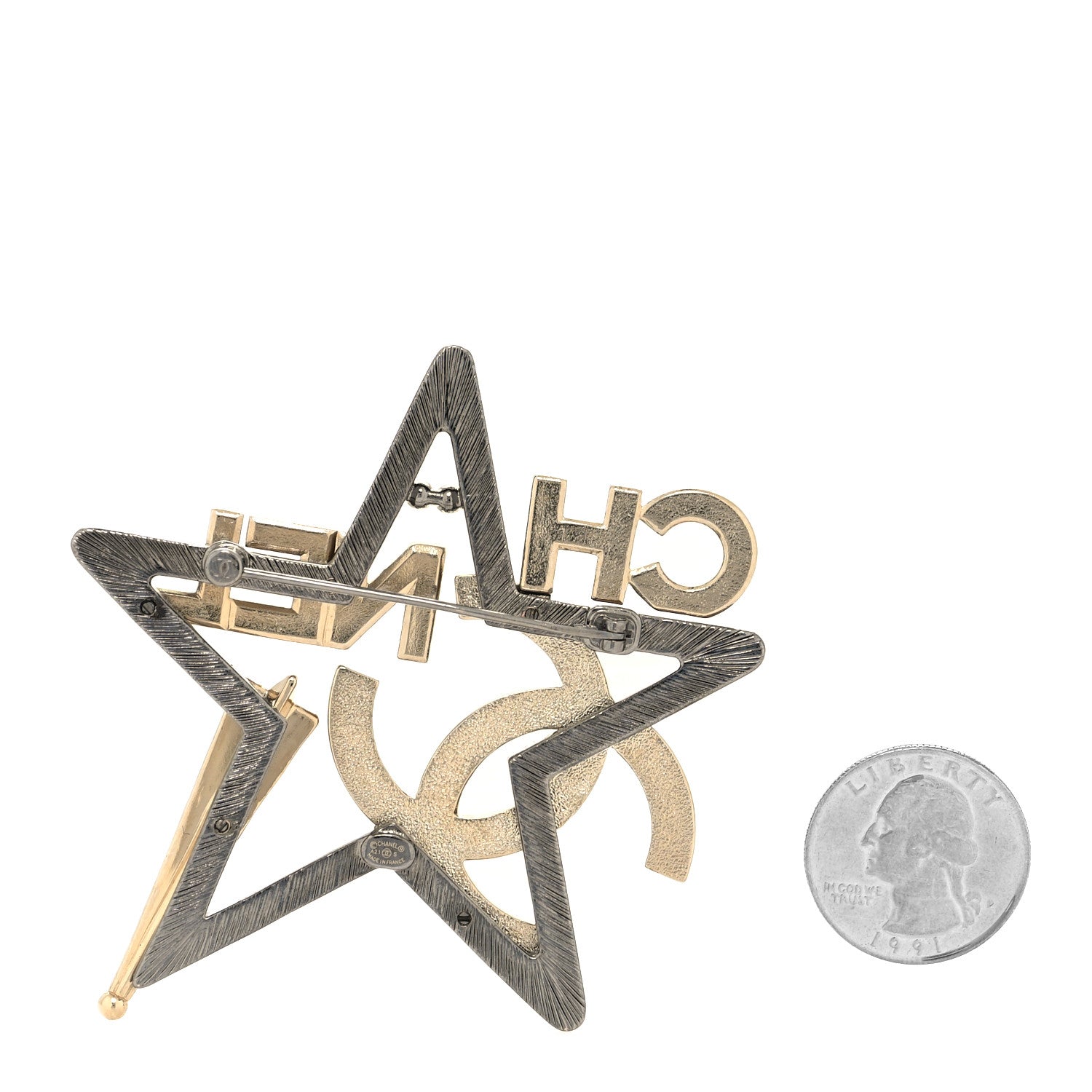 Chanel Ruthenium Crystal Pearl Logo Star Brooch Silver Gold 2 of 3