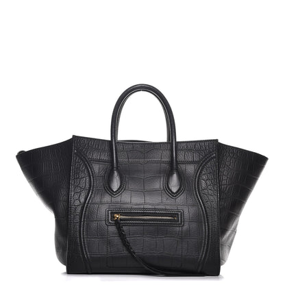 Celine Crocodile Embossed Calfskin Medium Phantom Luggage Black 1 of 8