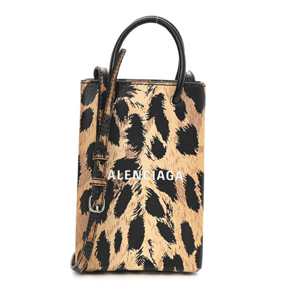 Balenciaga Smooth Calfskin Leopard Print Logo Shopping Phone Holder Bag Beige Black 1 of 9