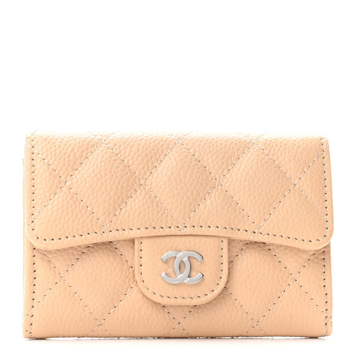 Caviar Quilted Flap Card Holder Wallet Beige