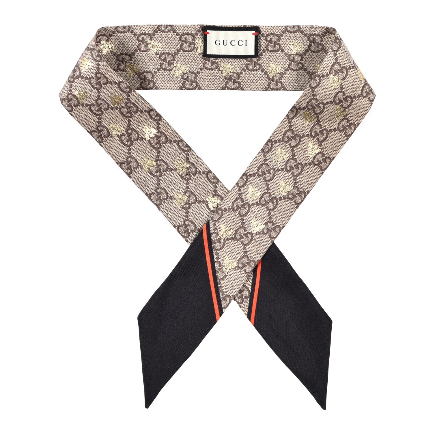 Gucci Silk Twill GG Monogram GG Bee Neck Bow Scarf Black Red 1 of 3