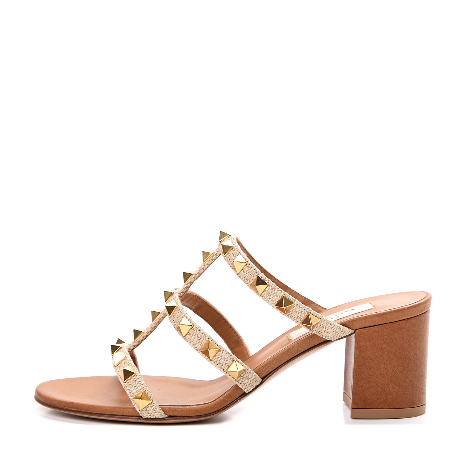 Raffia Calfskin Rockstud 60mm Caged Slide Sandals 35.5 Naturale