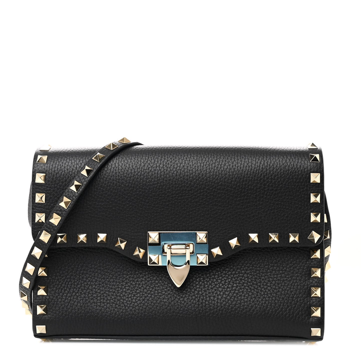 Pebbled Calfskin Medium Rockstud Flip Lock Crossbody Bag Black