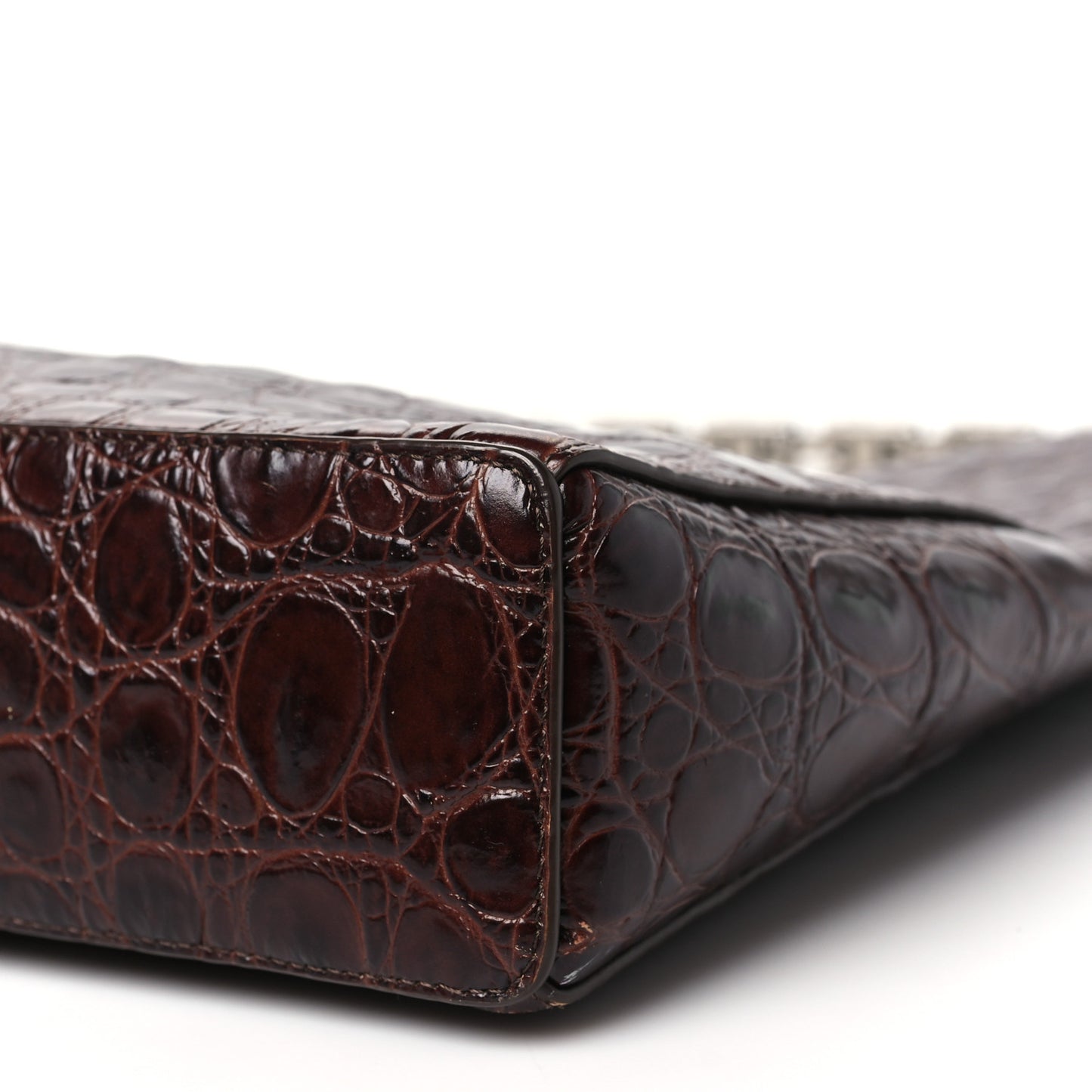 Calfskin Crocodile Embossed Large Cut Out Shoulder Bag Brown