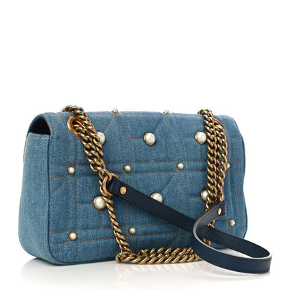 Gucci Denim Matelasse Pearl Studded Small GG Marmont Shoulder Bag Blue 3 of 12