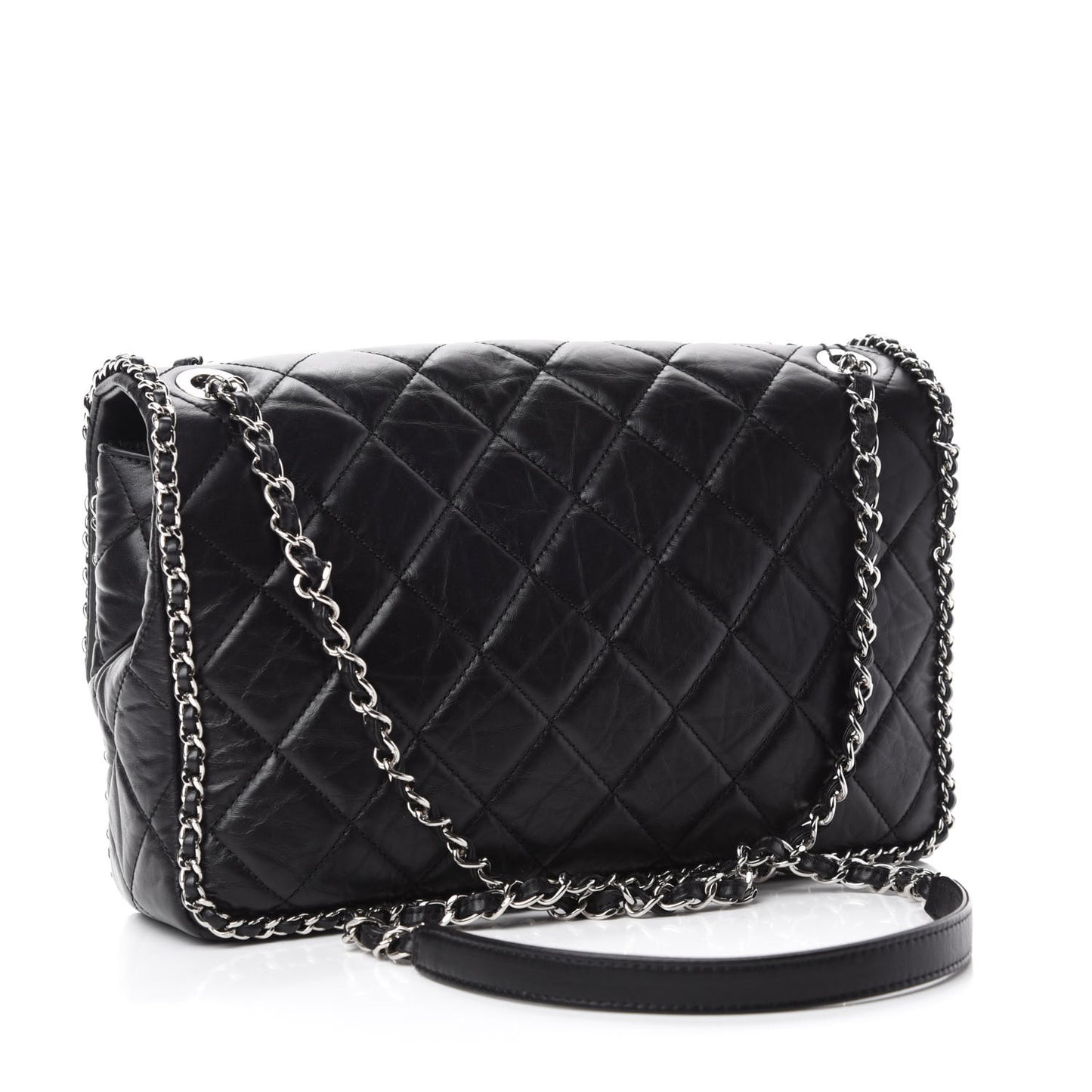 Crumpled Calfskin Quilted Large Chain All Over Flap Bag Black