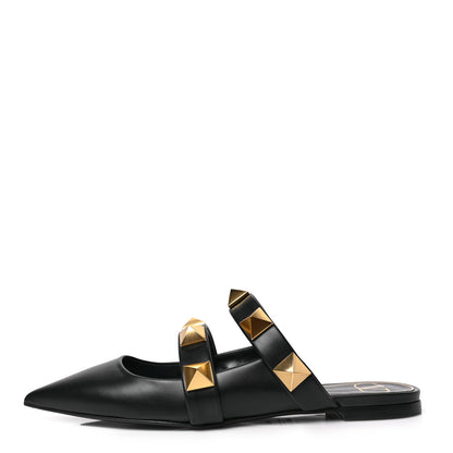 Valentino Garavani Calfskin Roman Stud Flat Mules 39.5 Black 1 of 7